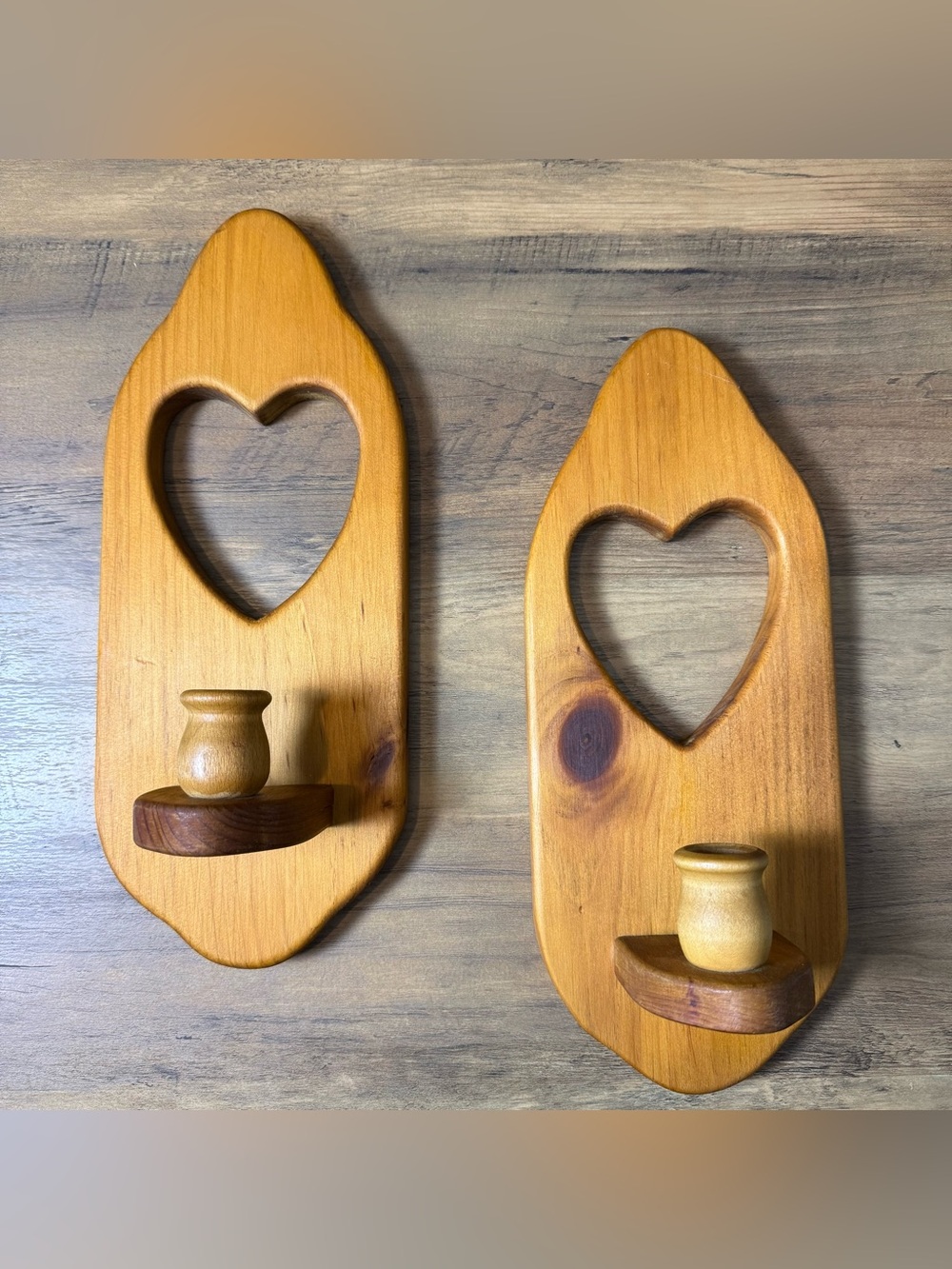 Pair of Wood Heart Cutout Wall Mounted Candle Sconces
